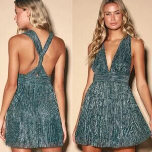 Lulus Ailey Gold & Teal Blue Skater Cocktail Short Dress Size M